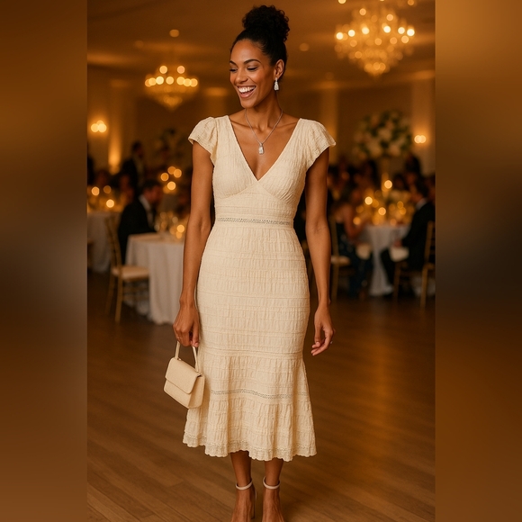 Chic Ruffle Lace Romantic Work Play Party Soft Stretch Midi Dress - Picture 1 of 9